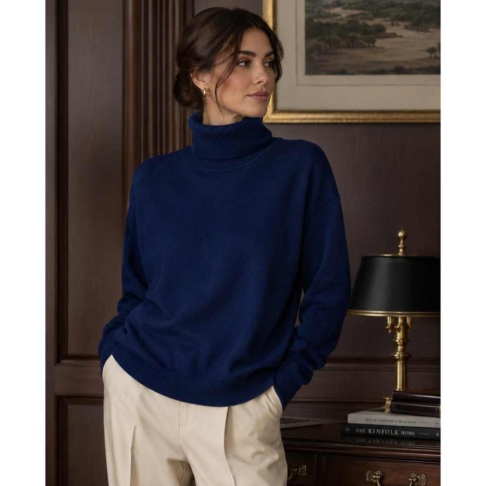 Jos. A. Bank Traveler Navy Blue 100% Merino Wool Turtleneck Sweater Large